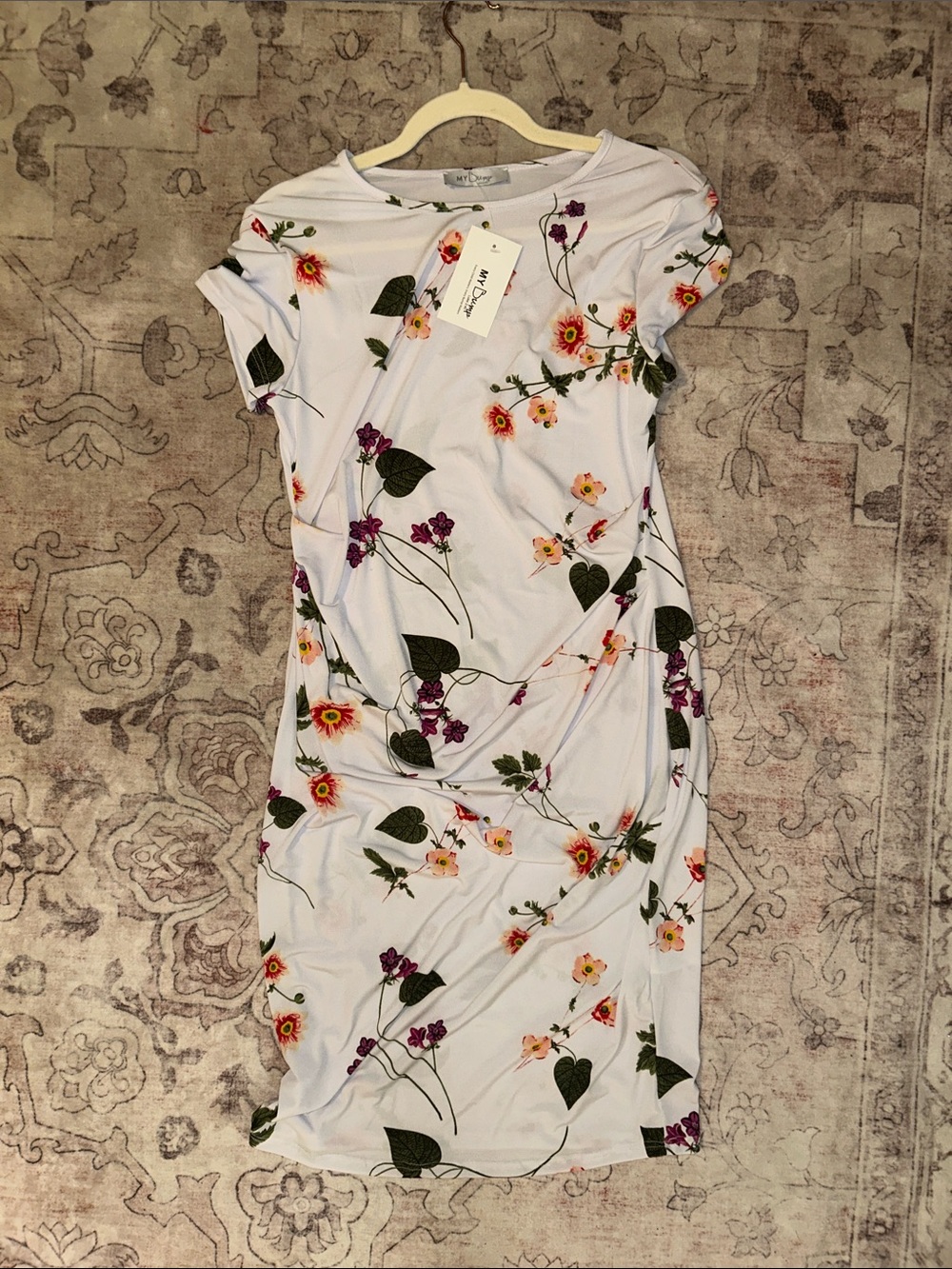 White Floral Midi Dress with Cap Sleeves